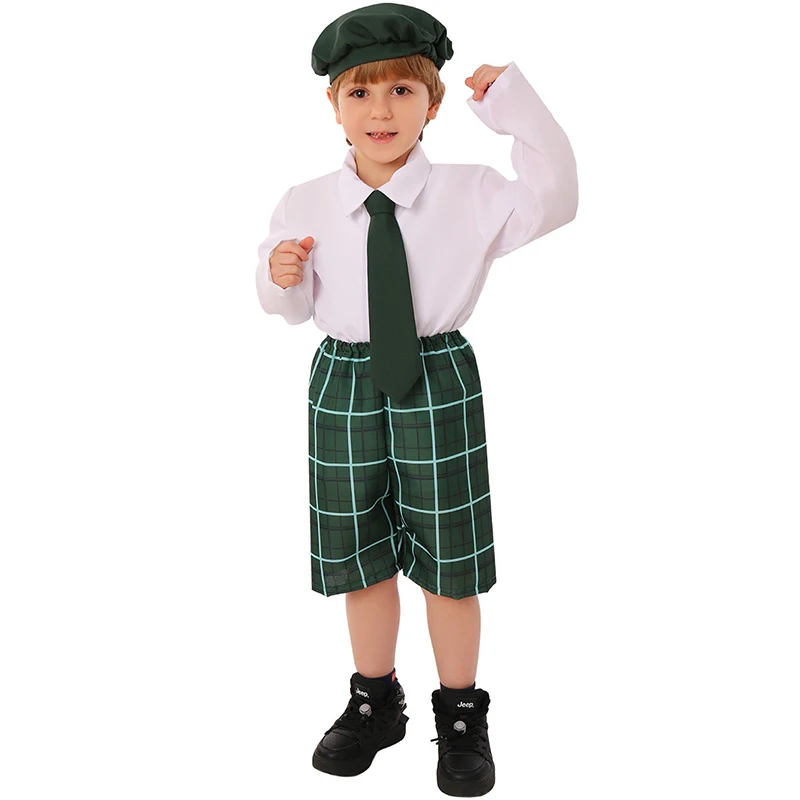 Kid Green Tartan Pants Boy St. Patrick's Day Costume Pants Tie Hat Set