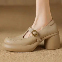 Women's sheepskin chunky heel platform t-strap slip-on pumps high quality soft comfortable female high heeled shoes for woman