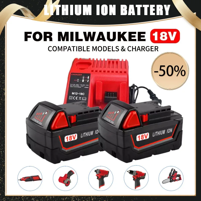 For Milwaukee 18V 9.0 Ah M18 Detachable Battery M18B6 XC Li-Ion 48-11-1860 48-11-1852 Or Charger 48-11-1850 48-11-1840