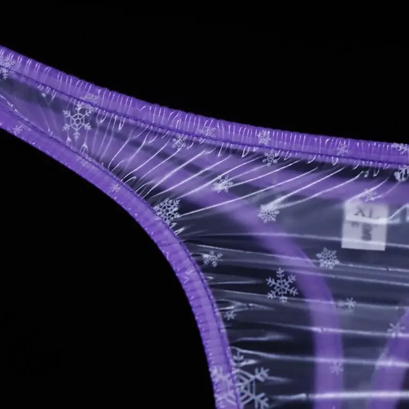 Sexy PVC White Clear Chic Thong Snowflake Graphics Light Purple Border Low Waist T-back  Erotic Lingerie