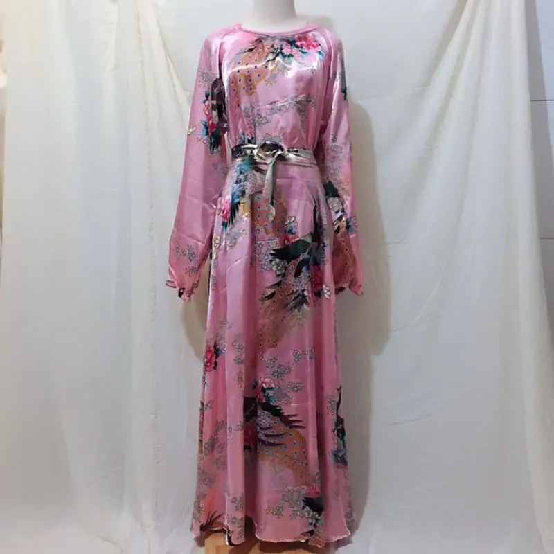 Plus Size Ice Silk Printed Ruffled Men Women Long Dresses Party Elegant With Sashes Maxi Kaftan Robe Silky Smooth Nightdress