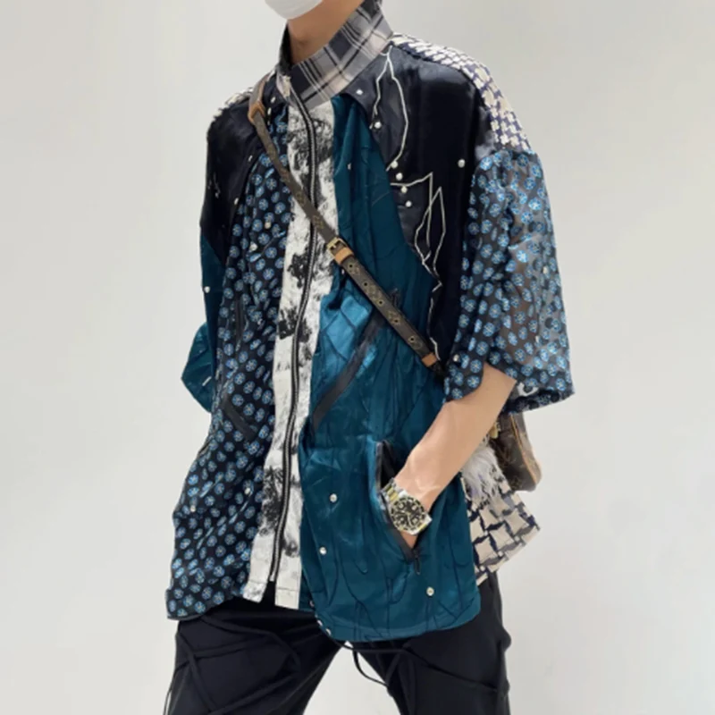MWJLPWQ Oversize Contrast Color Shirts Male Metal Rivet Spliced Niche Design Street Stand Collar Casual Short Sleeve Tops 010854