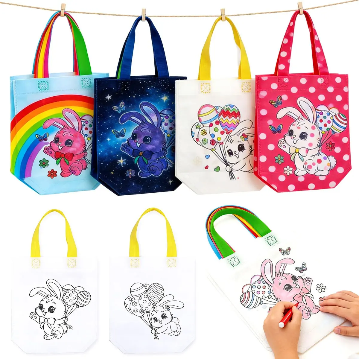 5 Stück Oster-Geschenktüten mit doppelseitigem Muster, Graffiti-Taschen, Cartoon-Ei, Kaninchen, Geschenktasche, Vliesstoff, Malerei, Handtasche, ZSY