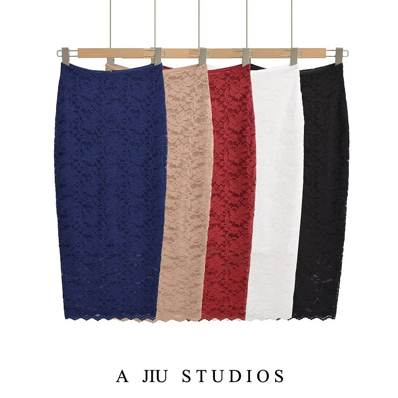 مثير الدانتيل عالية الخصر Bodycon تنورة المرأة التخسيس منتصف طول خطوة واحدة تنورة عادية عالية الخصر النايلون دنة مزيج #1