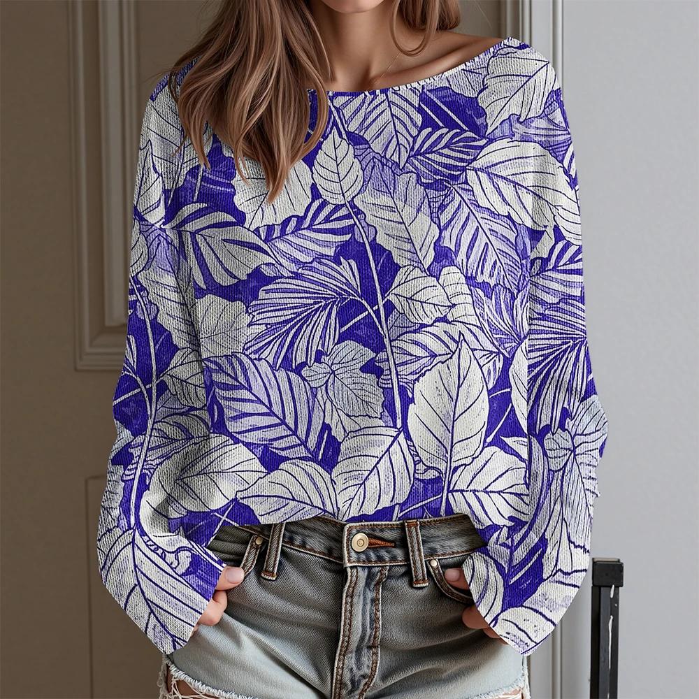 

Flower leaf pattern Women's sweater with exposed collarbone Tropical floral patterns casual women's sweater
