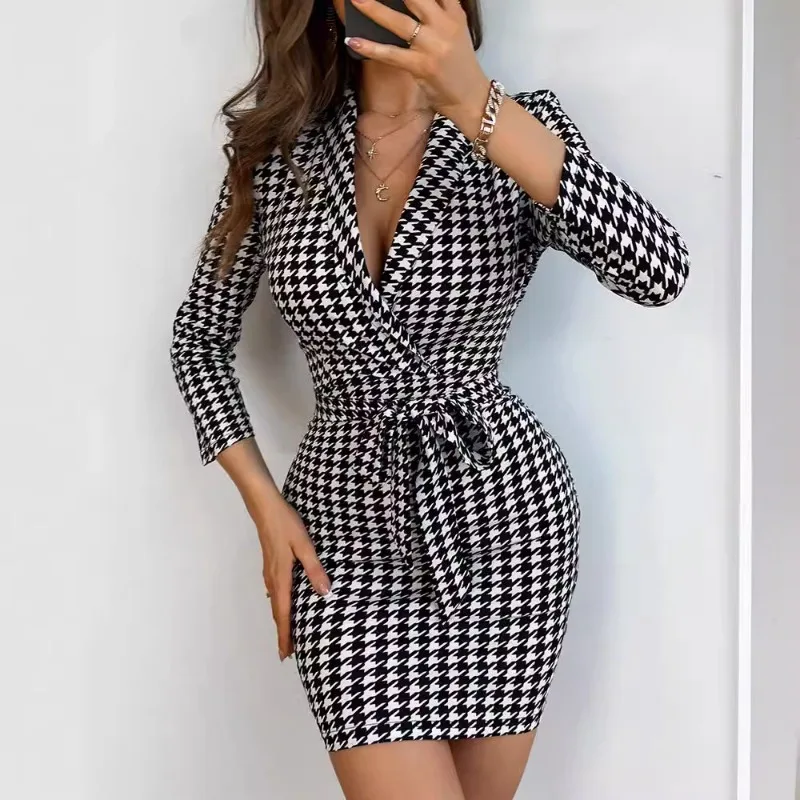 

2024 Spring Summer New Women's Clothing Lapel Long Sleeve Casual Lace up Plaid Dress