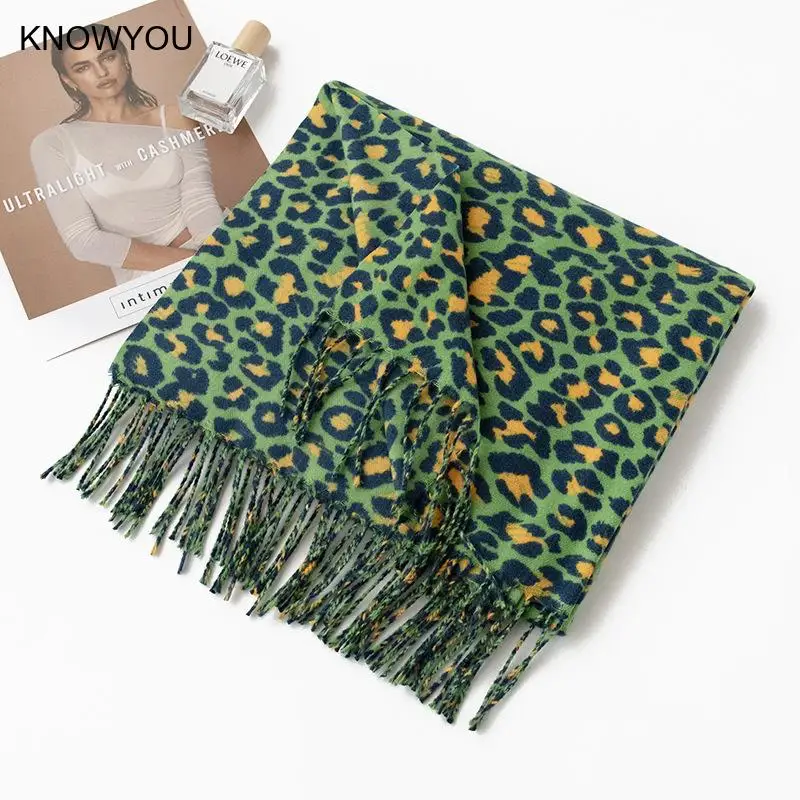 Fashion Green Leopard Scarf Lady Warm Cashmere Blend Shawl Neckchief Autumn Winter New Bufanda Soft Scarves Big Size Blanket