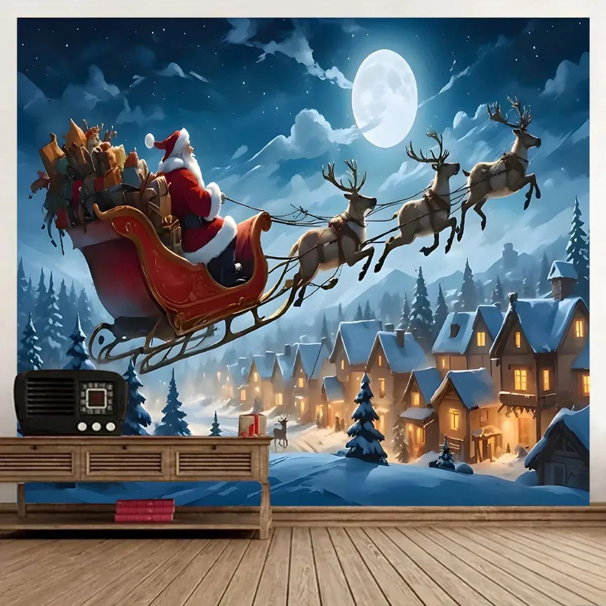 1 pancarta navideña de fondo súper grande, escena de pueblo nevado de renos y trineo de Papá Noel, tela de poliéster duradera, sin electricidad