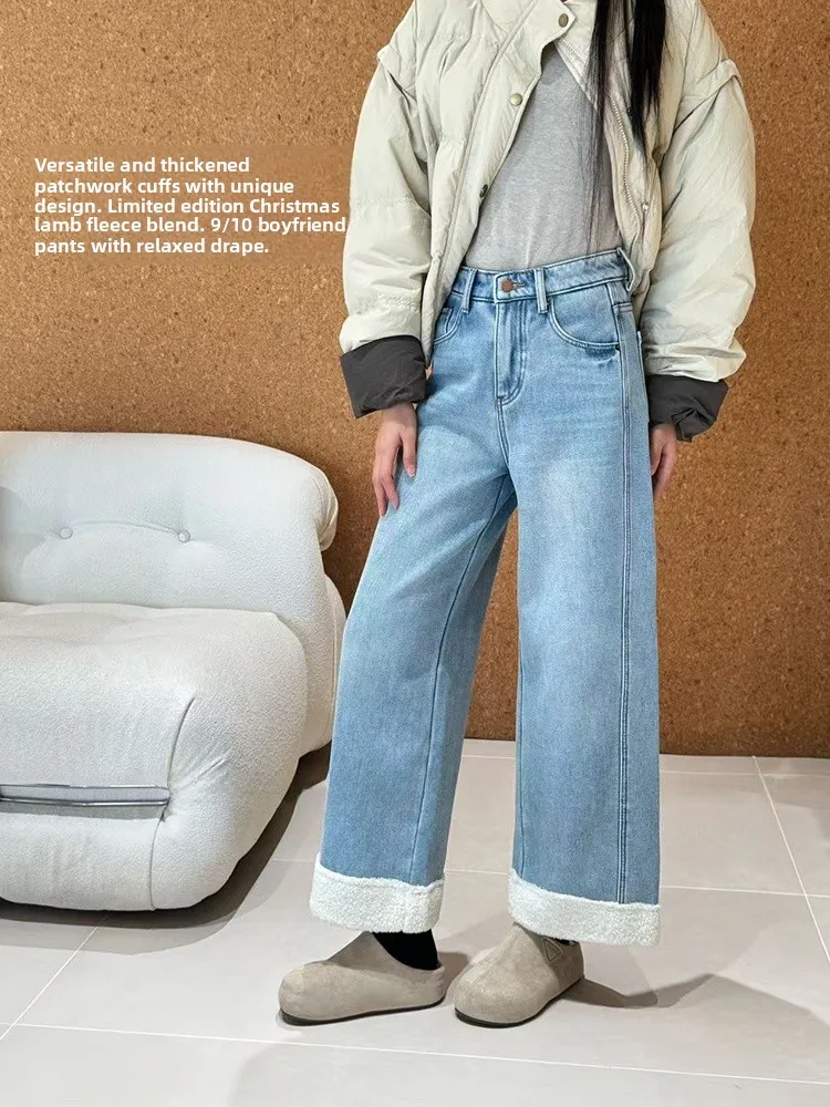 

Бархатные джинсы Thiened Cosite, новые зимние широкие брюки с высокой талией, облегающие джинсовые брюки из меха ягненка в стиле пэчворк