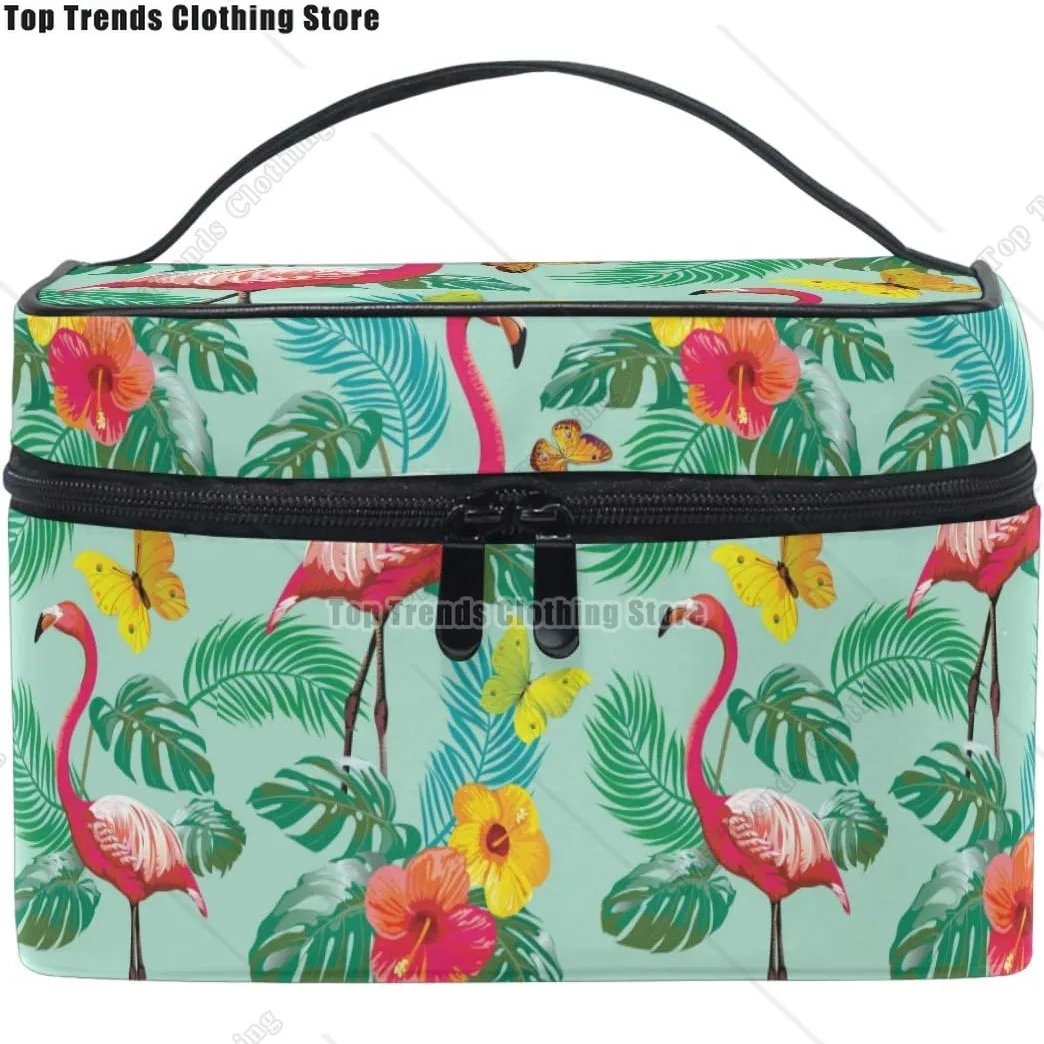 Pink Flamingo Butterfly Makeup Bag Tropical Palm Cosmetic Bag Toiletry Travel Brush Train Case Organizer Storage Pouch Bags