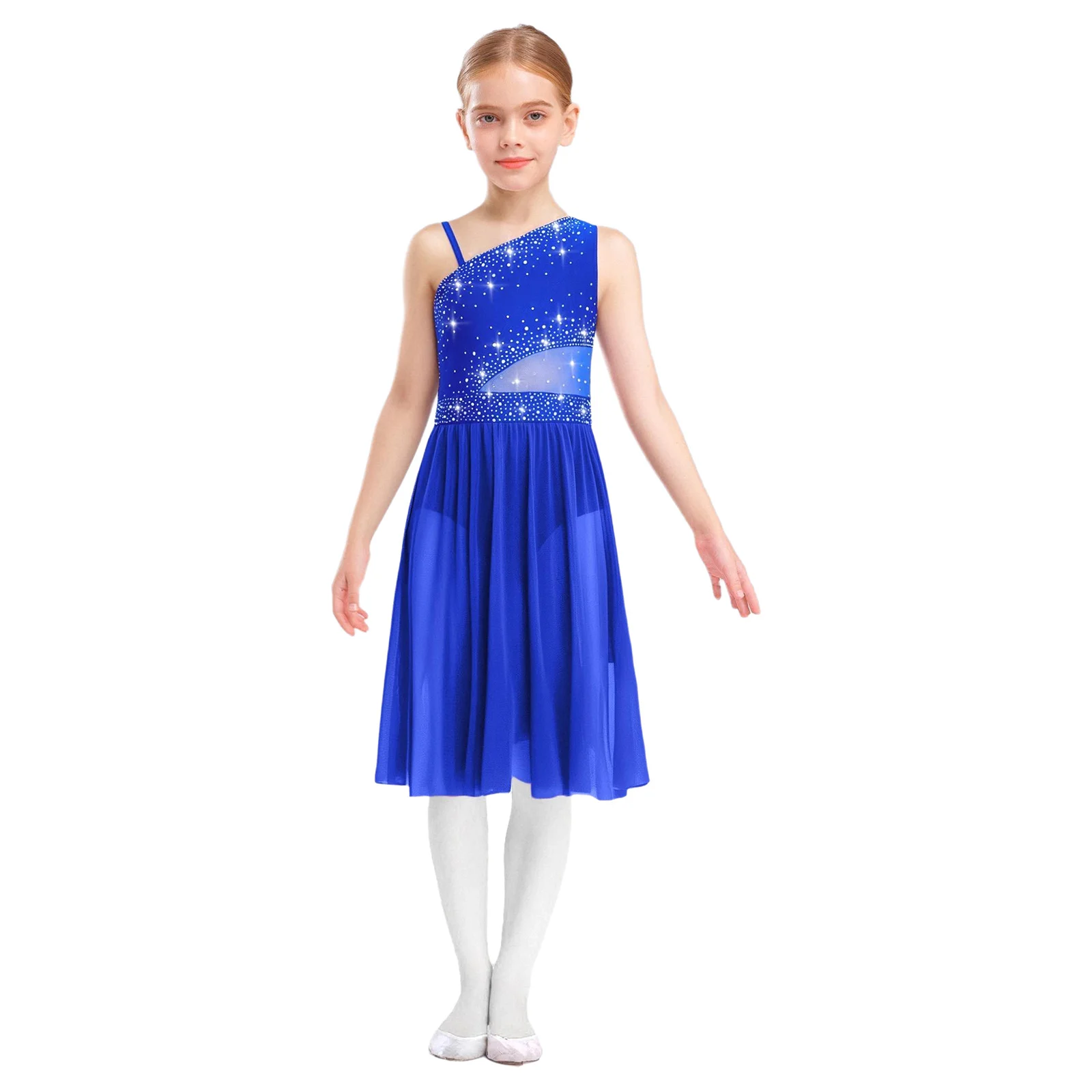 

Sleeveless Ballet Lyrical Dance Dress Girls Contemporary Dress Figure Skating Costume One Shoulder Rhinestones Mesh Waist Dress