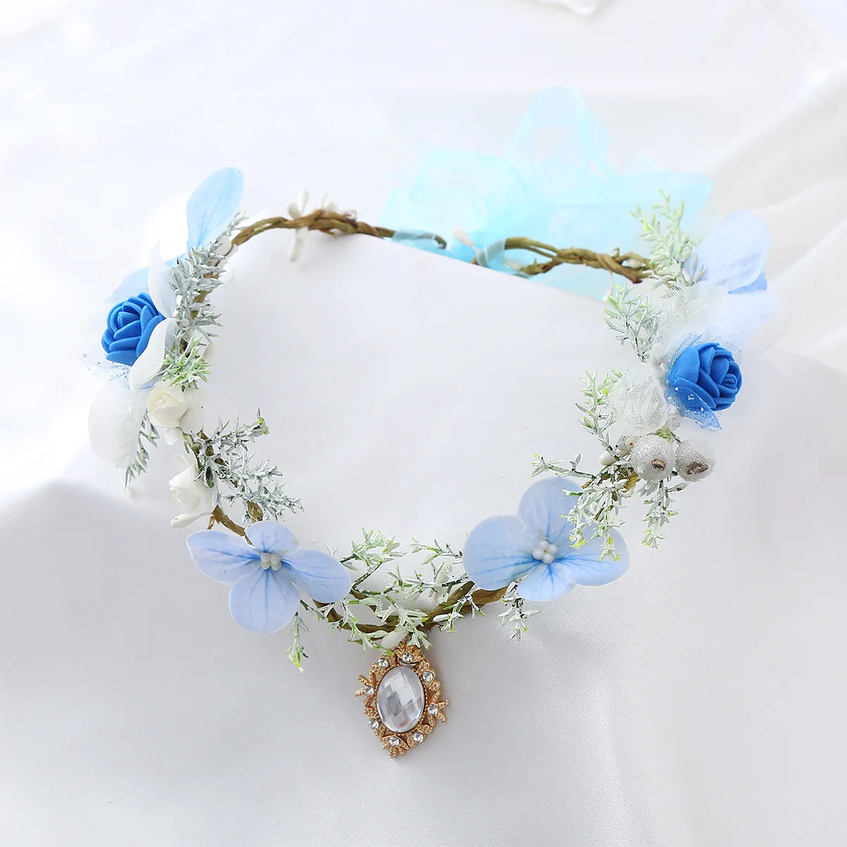 Handmade Blue Flower Crown Rose Fairy Floral Headband Elf Forest Headpiece for Women Girls Princess Wedding Shower Cosplay