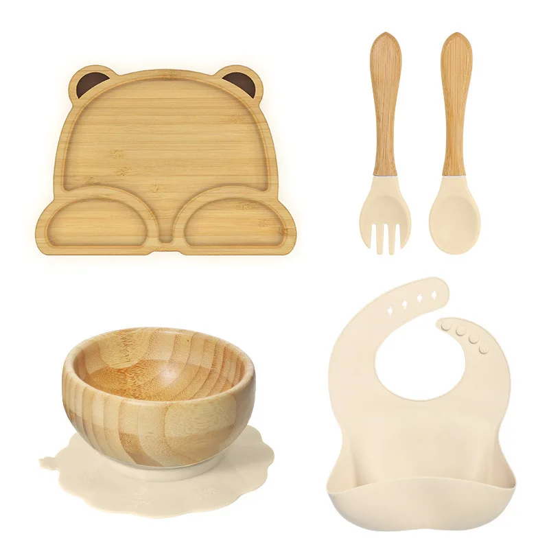 Baby suction cup bowl Split compartment bamboo plate Complementary food fork spoon Silicone bib Children's cutlery set