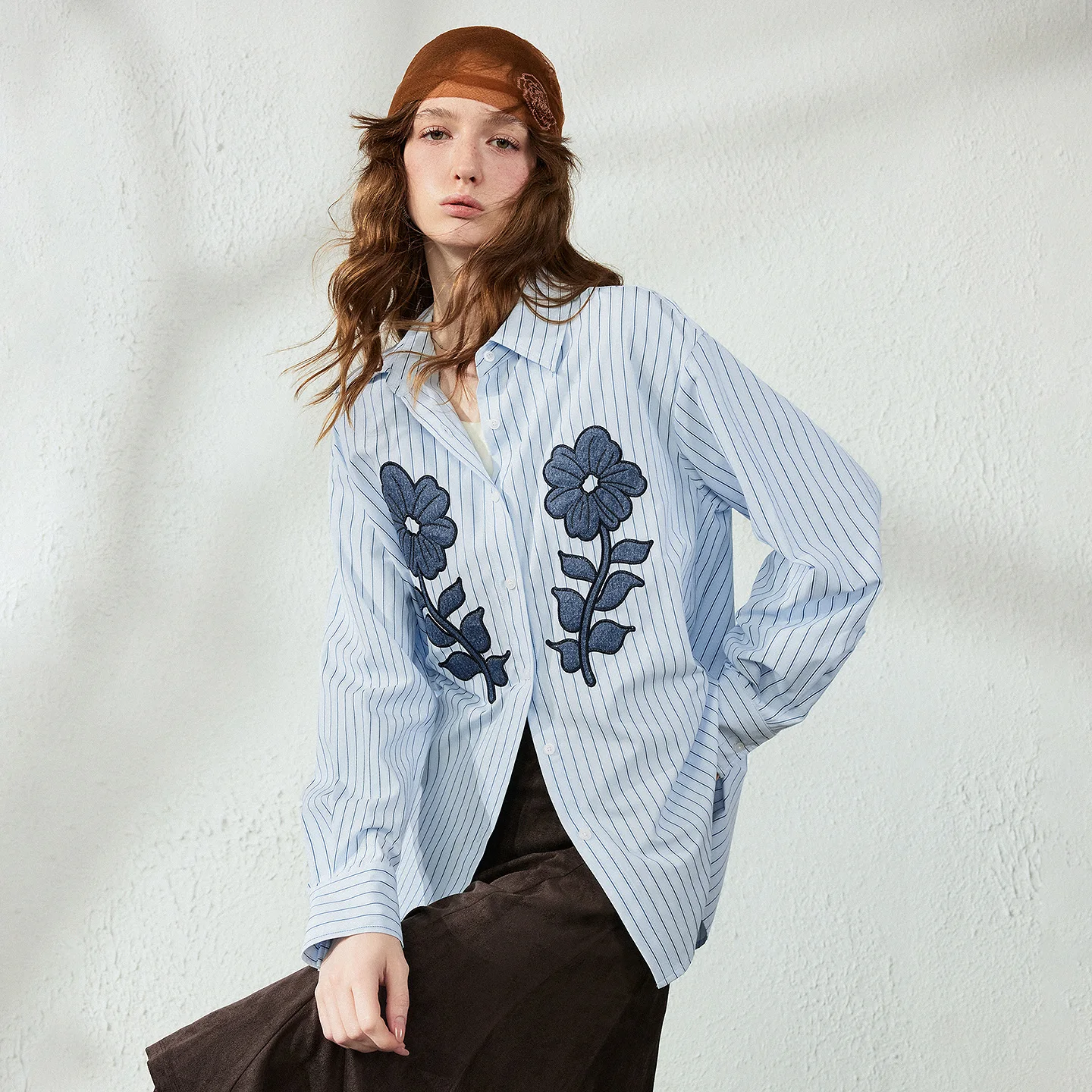 TOYOUTH Women Blouse 2026 Autumn New Stripe Loose Heavy Denim Patchwork Mid‑Length Art Casual Open Shirt Tops