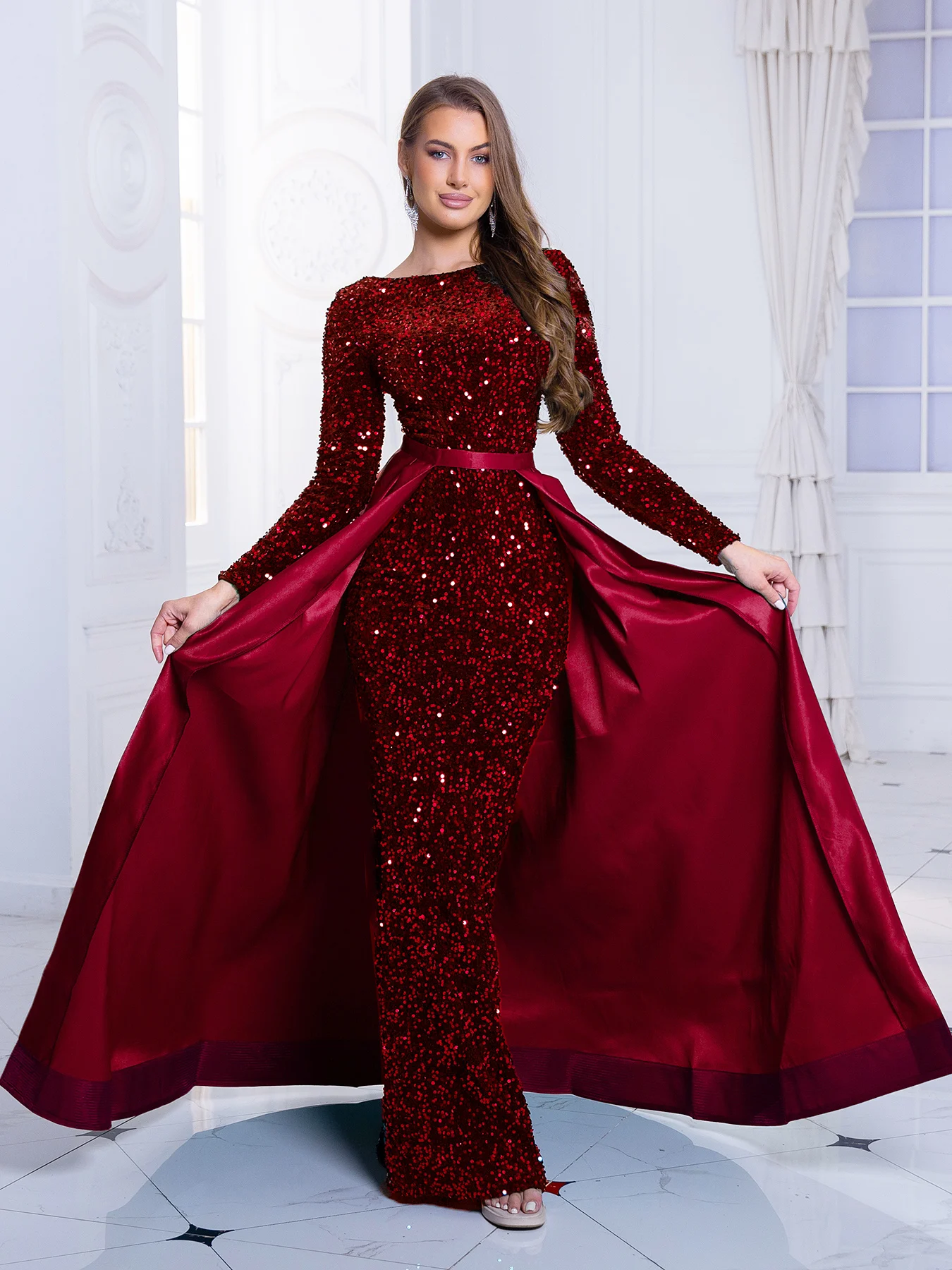 Red Long Sleeve O Neck Stretch Sequin Party Dress Floor Length Evening Night Prom Gown with Detachable Lace Up Skirt Green Black