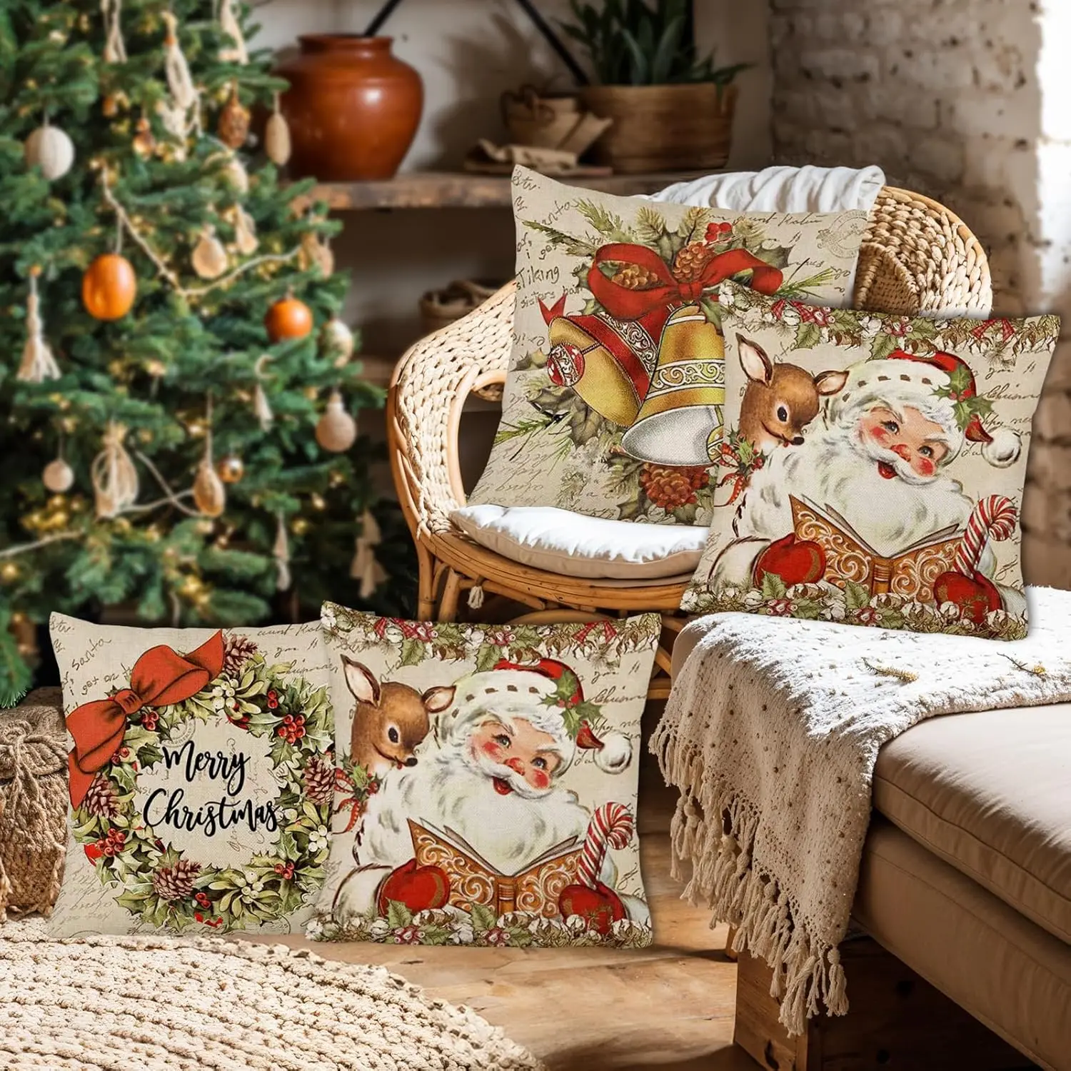 

Christmas Pillow Covers 18x18in Christmas Throw Pillow Covers Set of 4 Vintage Christmas Decor Santa Winter Holiday Pillow Cover