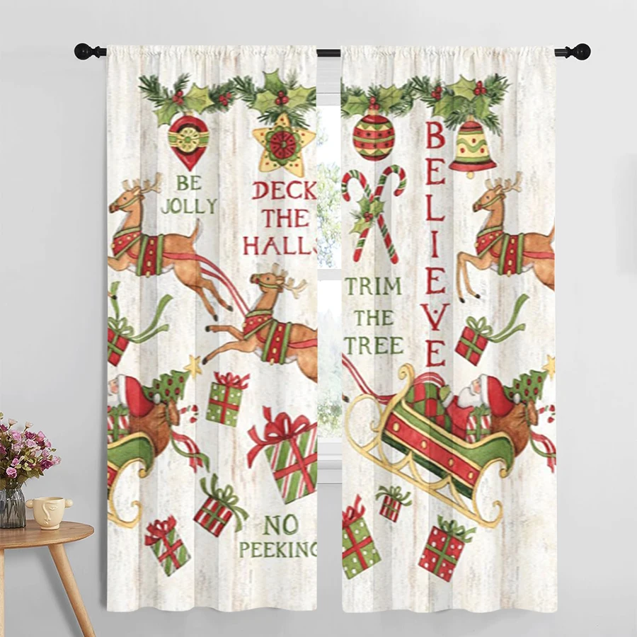 2PCS Christmas Curtains, Vintage Reindeer Sleigh Gift, Digital Print, Bedroom Living Room, Rod Pocket Polyester, Home Decor
