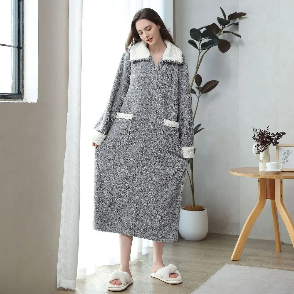 Winter Robes Velvet Couple\'S Home Clothes Zipper Nightdress Tv Blanket Pajamas Soft Warm Pajamas Indoor Outside Wear Bathrobe