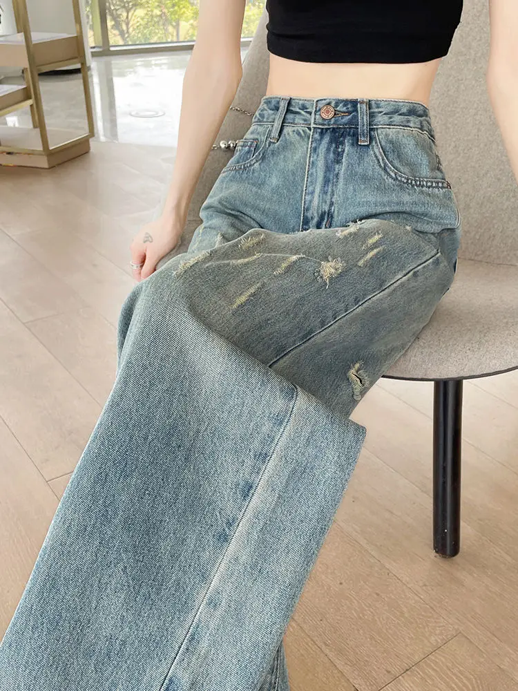 

Широкие джинсы с дырками, женские прямые брюки с высокой талией, весна-осень 202, новые свободные прямые брюки в стиле ретро