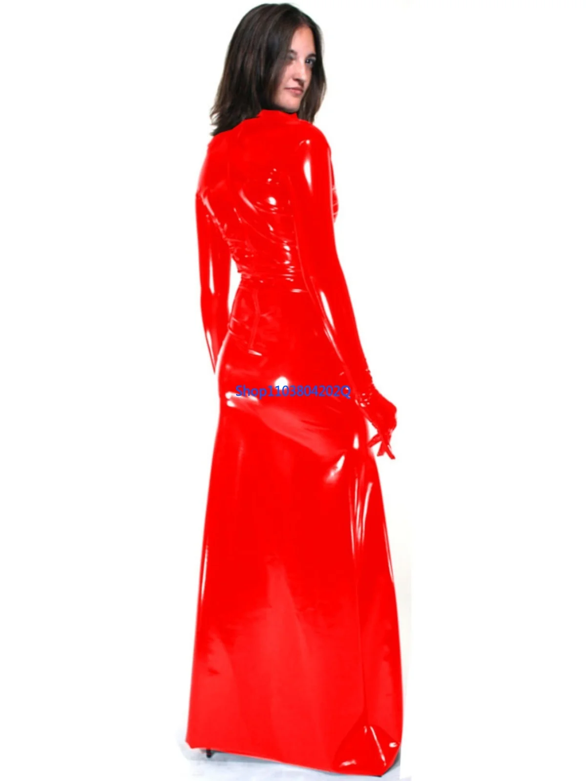 Sexy PVC Shiny Turtleneck Gloves Long Sleeve Long Dress Women's Novel Glossy Leather Club Dress