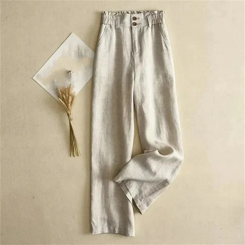 

Linen Women Wide Leg Pants Summer Solid Color High Waisted Straight Leg Pantalons Ladies Leisure Cotton Linen Trousers Female