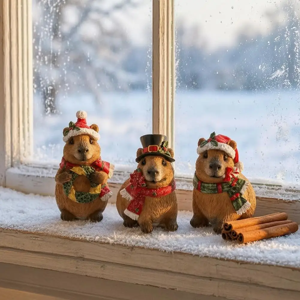 Unique Holiday Keepsake Christmas Capybara Figurine with Hat Scarf Resin Sculpture Cute Holiday Tabletop Decoration for Home
