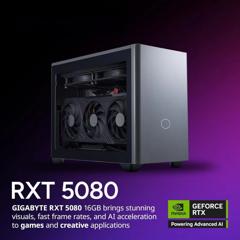 كولر ماستر NR2 Pro Mini ITX – RYZEN 7 9800X3D 4.7 جيجا هرتز (5.2 جيجا هرتز توربو) |   جيجابايت RTX 5080 16 جيجابايت وB850I AORUS PRO |   32 جيجابايت د