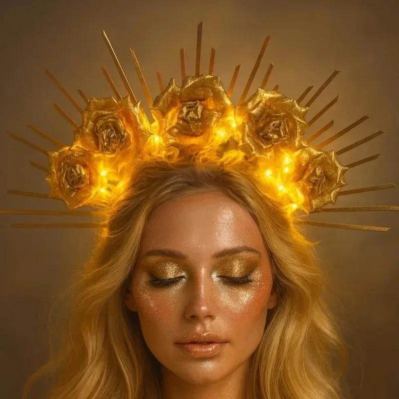 

LED Light Up Goddess Crown - Gold Foil Rose Headband with Zipper Tie for Halloween Christmas - Festival Party Hair Accessory