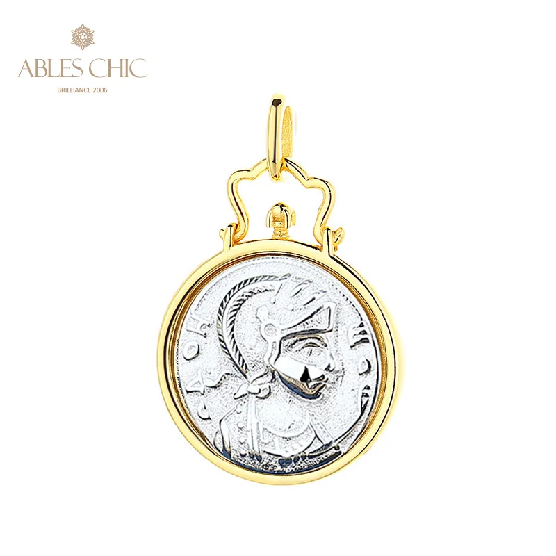 Ables Chic Greek Silver Coins Charm Crown 18K Gold Two Tone Solid 925 Silver Roman Coin Pendant Only N1016