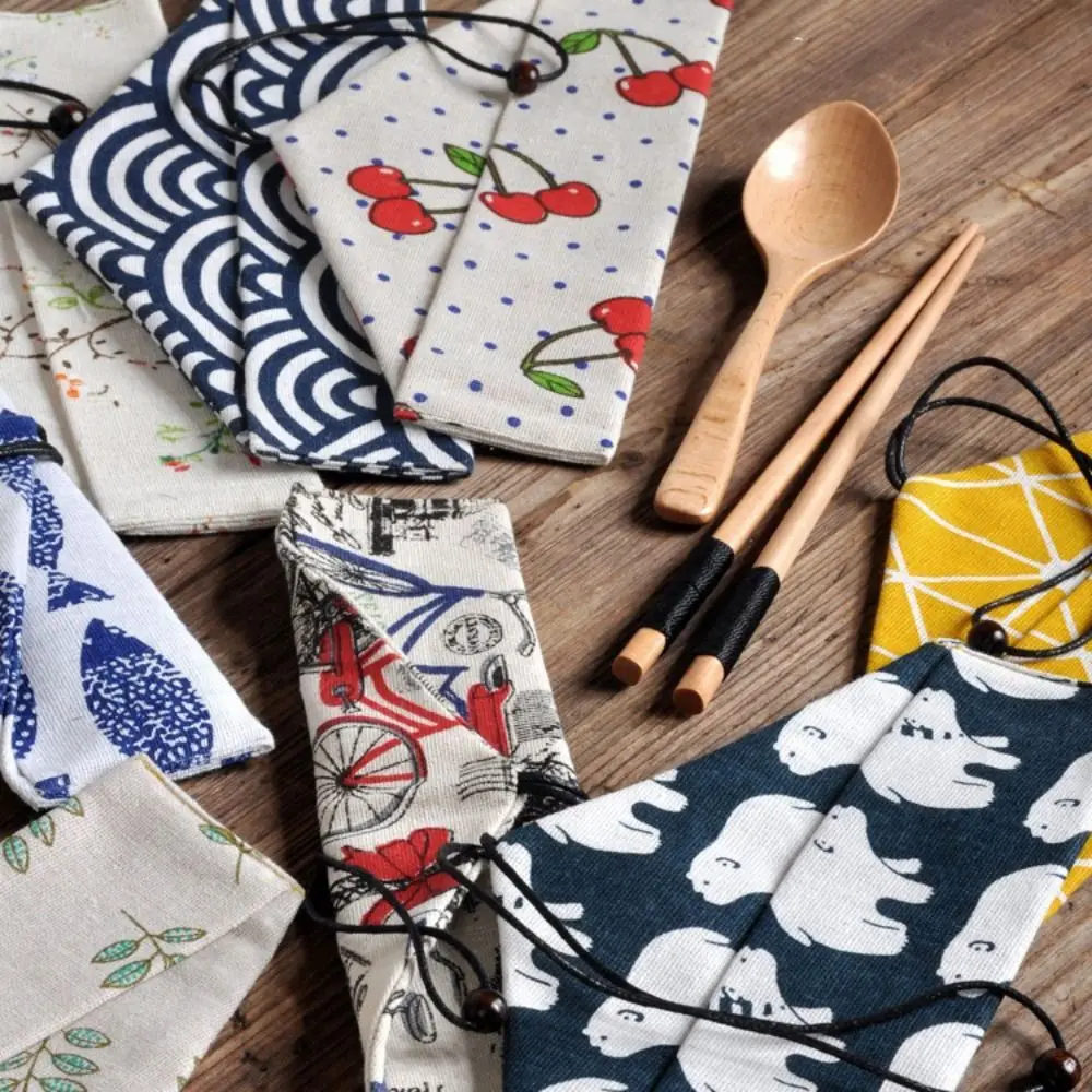 Retro Cotton Linen Cutlery Pouch Roll-Up Design Portable Utensil Holder Japanese Style Cutlery Case Camping Use