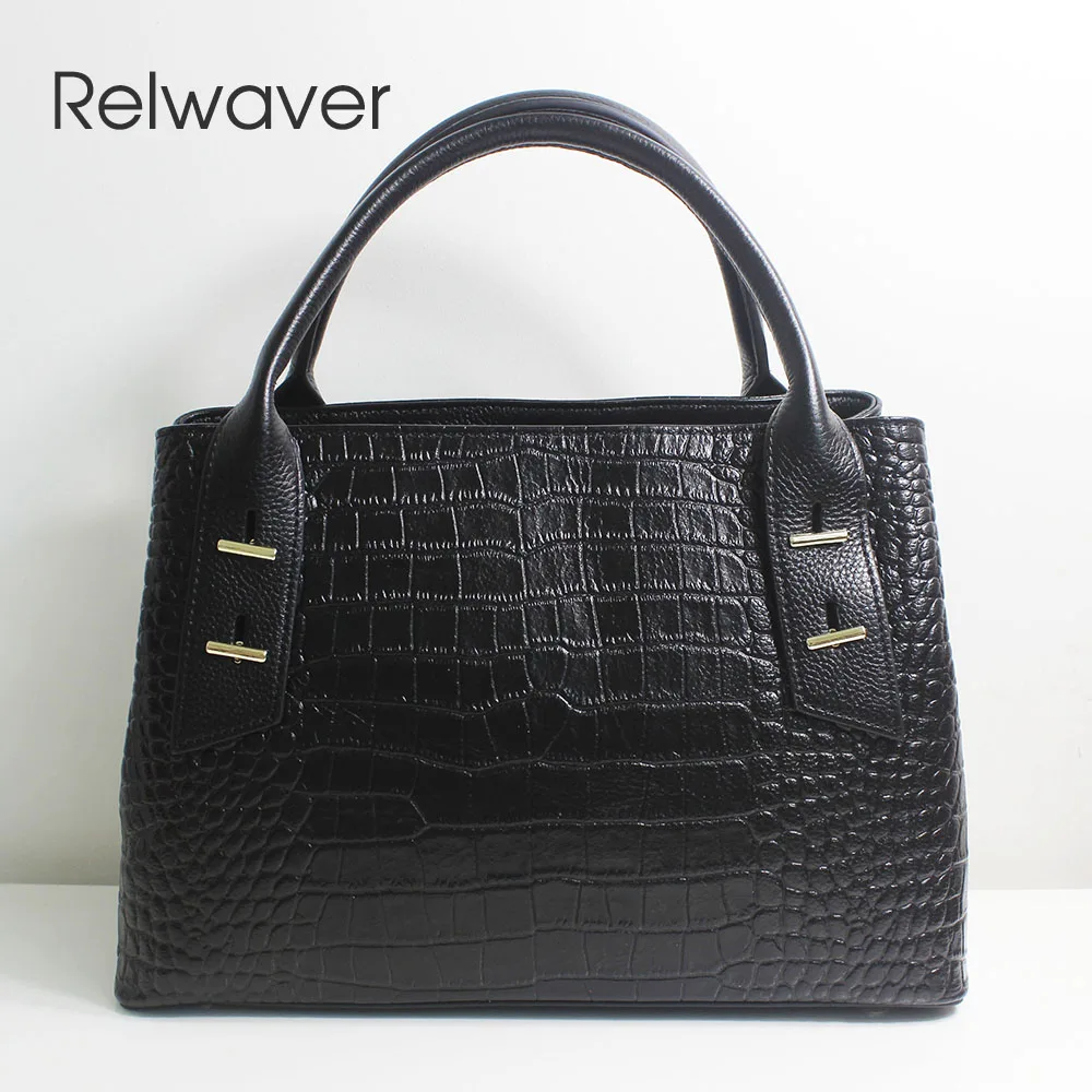 

Relwaver women handbag genuine leather crocodile pattern cow leather tote bag black big luxurious women shoulder crossbody