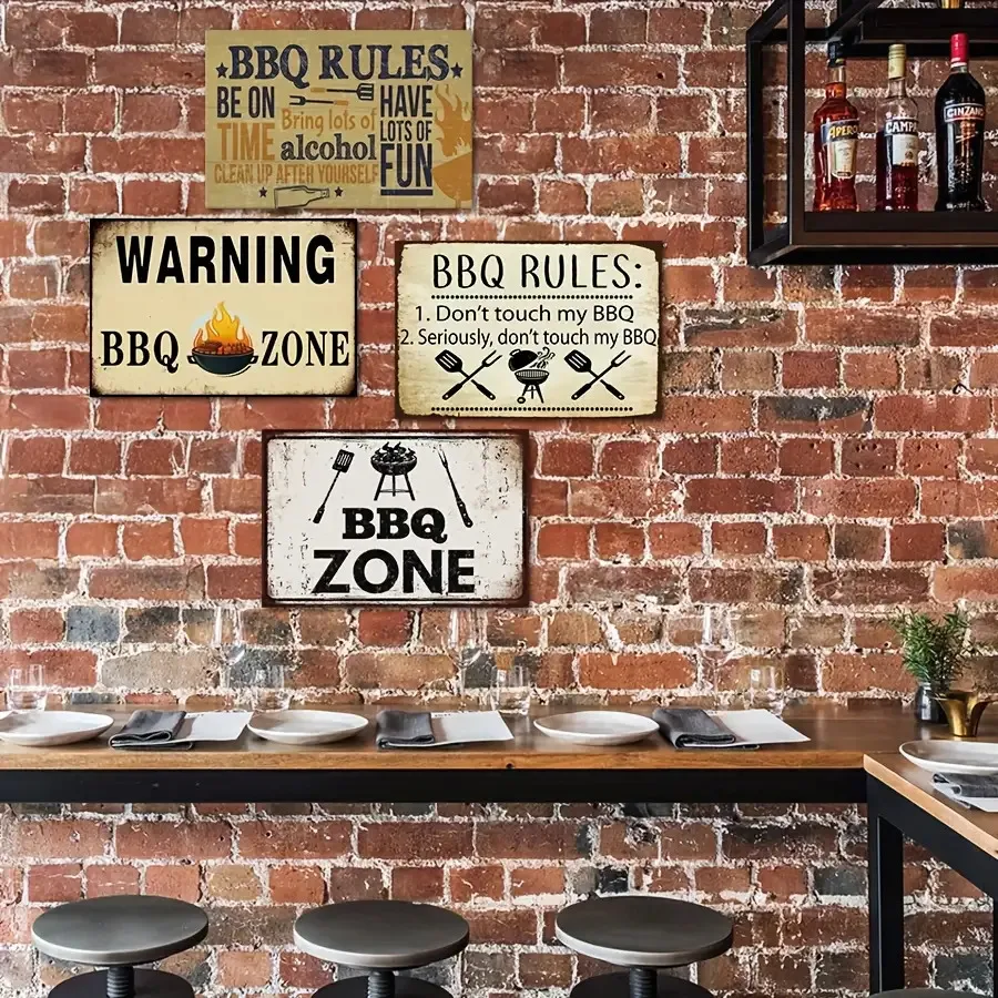 4pcs Funny BBQ Rules Metal Signs- 30X20 Cm Vintage Wall Decor For Man Cave, Patio, Garden, Bar& Kitchen- No Electricity Outdoor