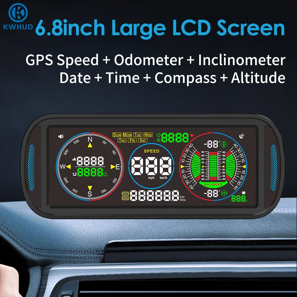 

KWHUD Большой ЖК-экран Проекционный дисплей для автомобиля Hud GPS Спидометр Цифровой одометр Инклинометр Измерители наклона с компасом и часами
