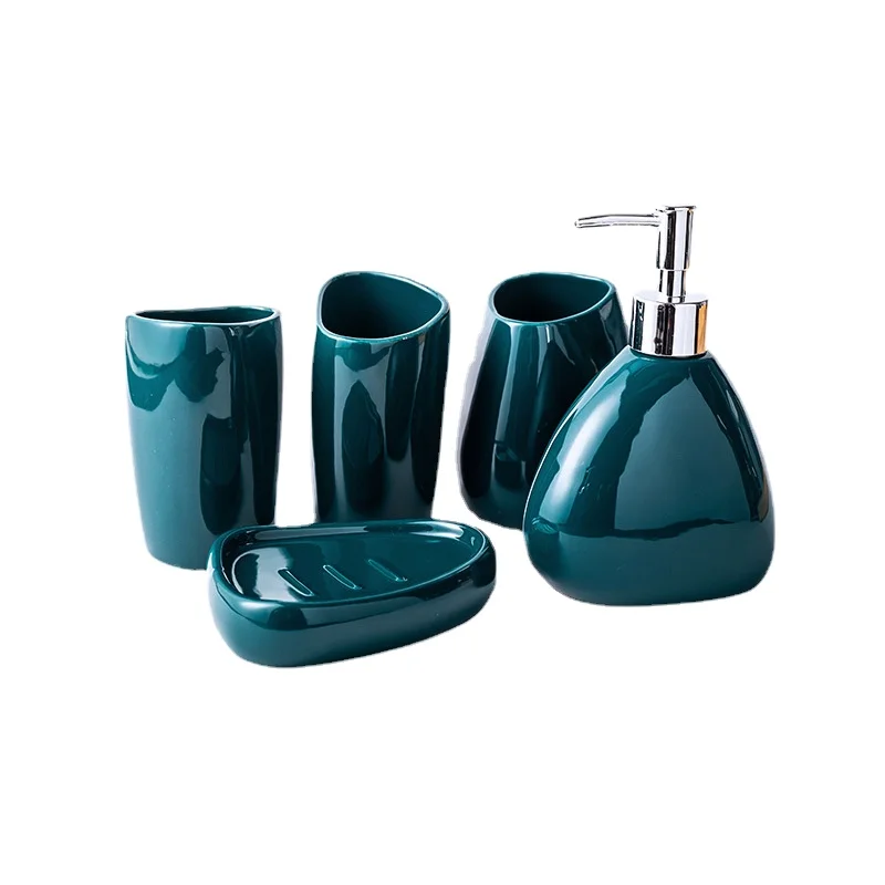 European Porcelain Bathroom Accessories Dark Green Ceramic Toothbrush Holder Soap Dispenser Soap Dish Travel Shampoo Bottle Home