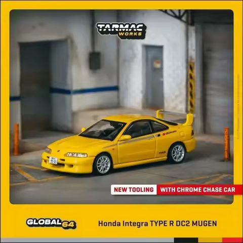TW 1:64 In Stock Honda Integra TYPE R DC2 MUGEN Sunlight Yellow Diecast Car Model Collection Toys Tarmac Works