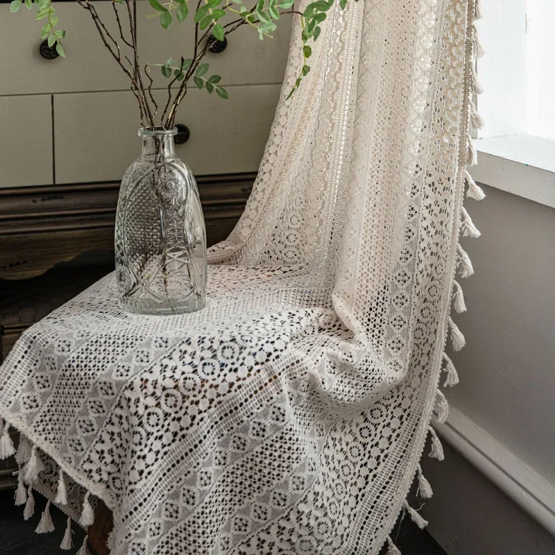 Beige Linen Lace Curtain Crochet Hook Translucent Retro Hollow Tassel Blackout Bedroom Balcony Window Curtains for Living Room