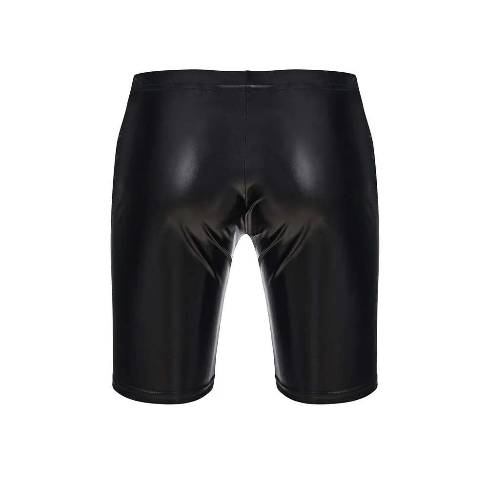 Sexy Mens Lingerie Stretchy Faux Leather Exotic Short Pants With Penis Sleeves Latex Fetish Underpants Male Gay Panties Costumes