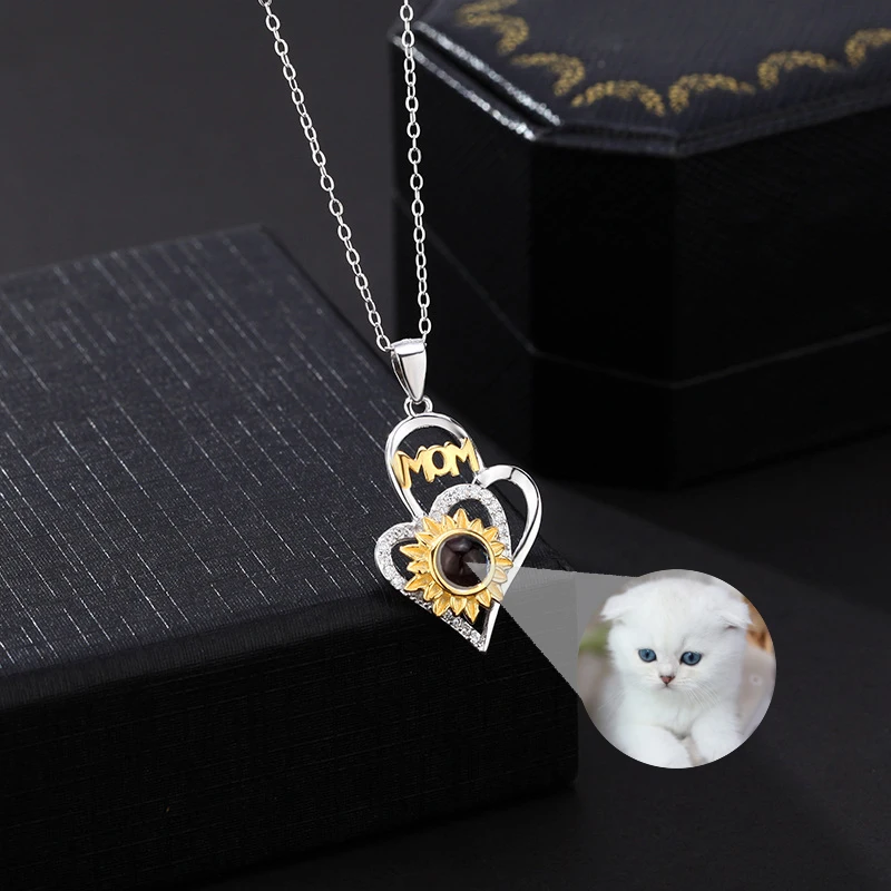 

Personalized Photo Projection Heart Necklace S925 Sterling Silver Letter MOM Sunflower Pendant 100 Languages I Love You