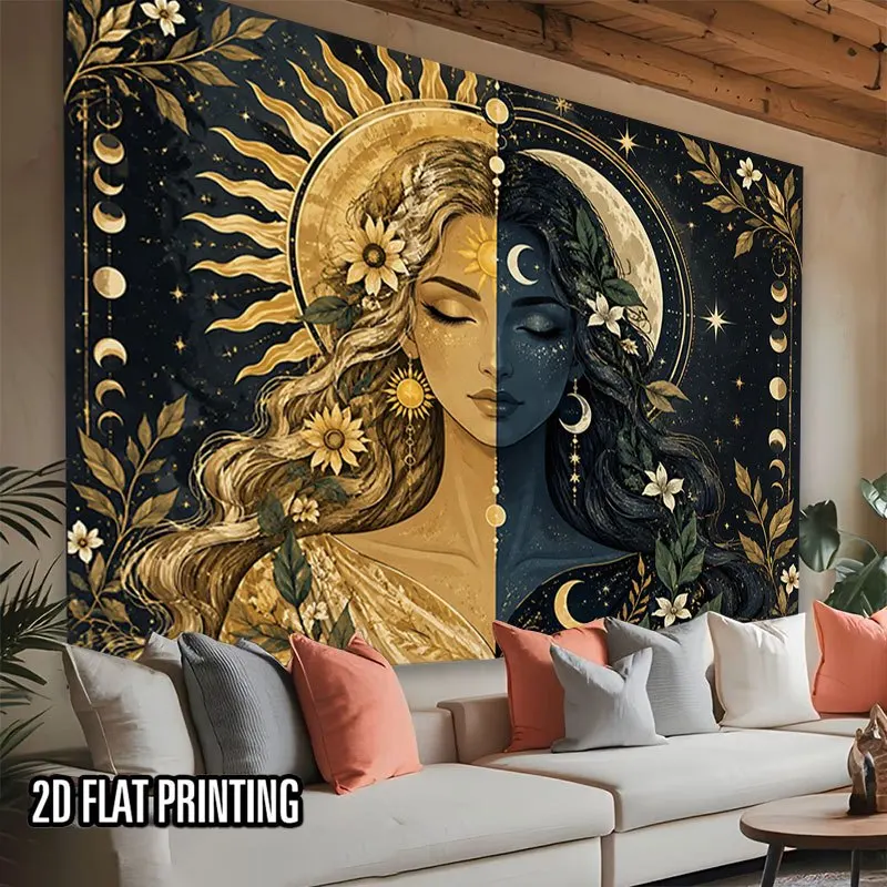 Mystic Sun Moon Lady Tapestry, Split Portrait,Starry Night & Flowers,Bohemian Aesthetic Wall Hanging for Bedroom Dorm Room Decor