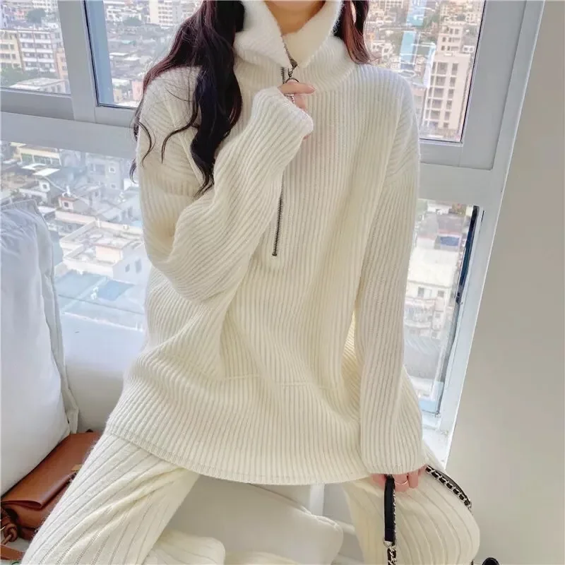 Autumn Winter Zipper Sweaters Set Thickening Warm Knitted High Waist Women Pants Suit White Elegant Two Piece Set fall 2024