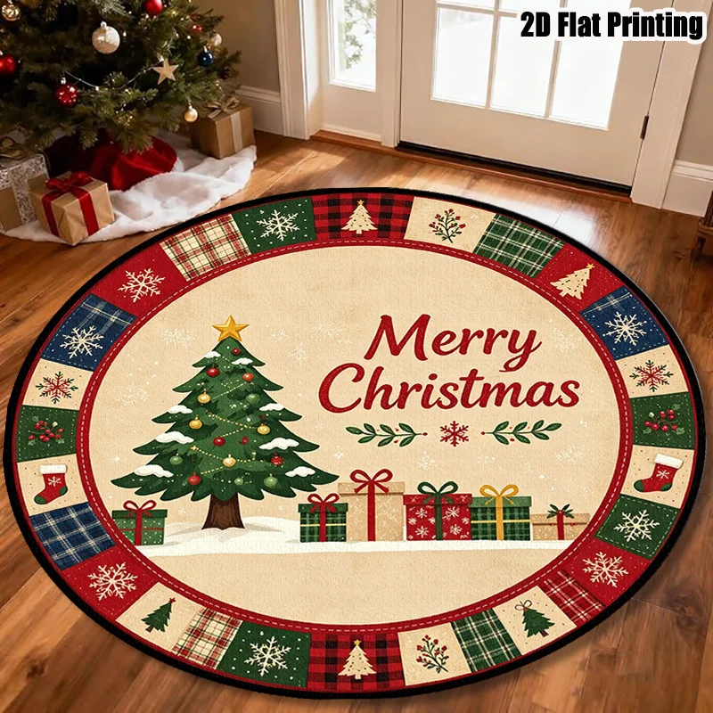 Merry Christmas Round Area Rug Xmas Tree Gift Box Circle Carpet Washable Non Slip Plaid Border Living Room Floor Decor