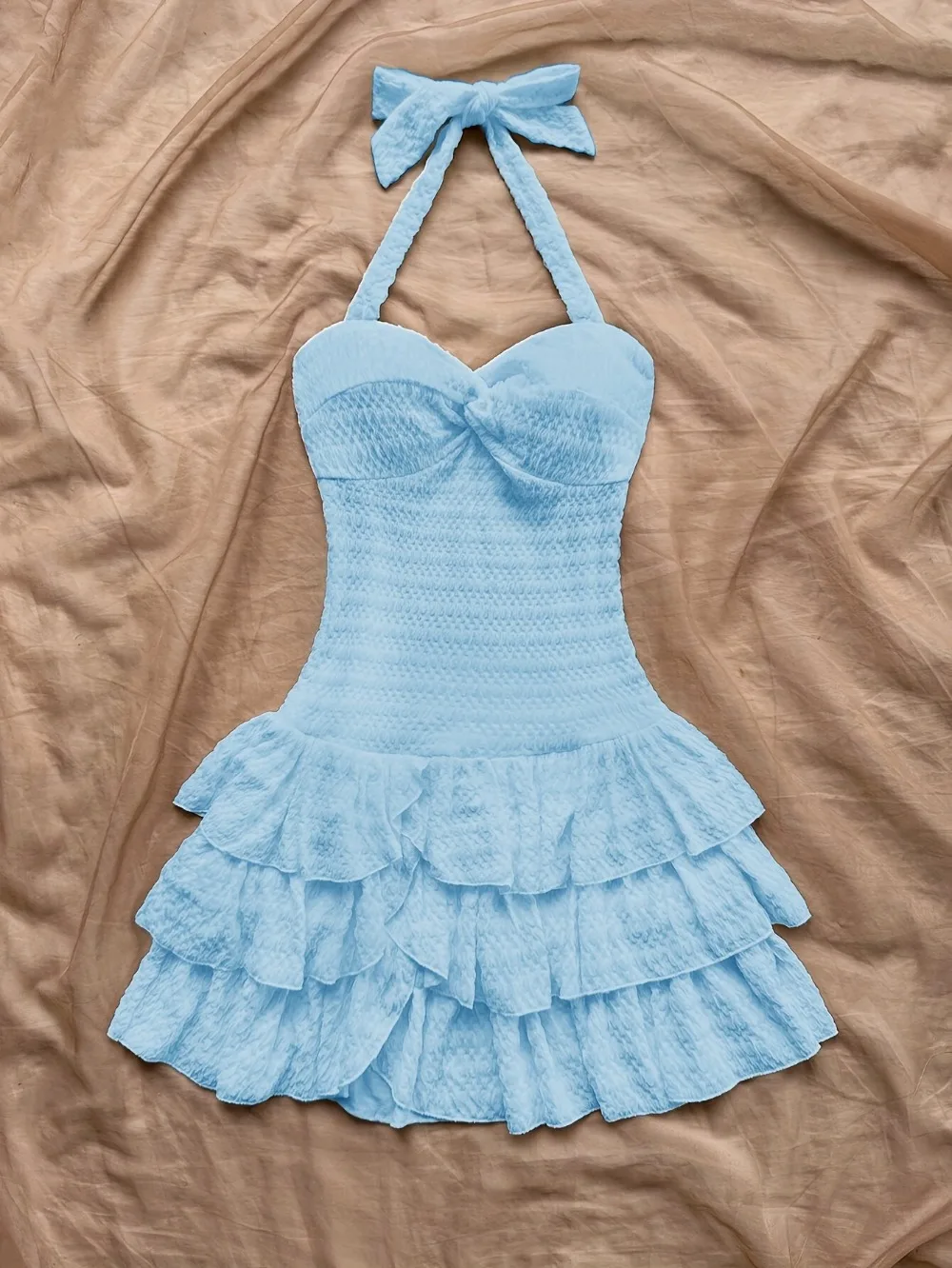 Süßes Minikleid für Damen, Neckholder, Gingham-Schleife, Knopfleiste vorne, Spitze, Rüschensaum, schmale Passform, einfarbig, Schleife, Lolita, Picknick, Sommer-Outfit – Detail 2
