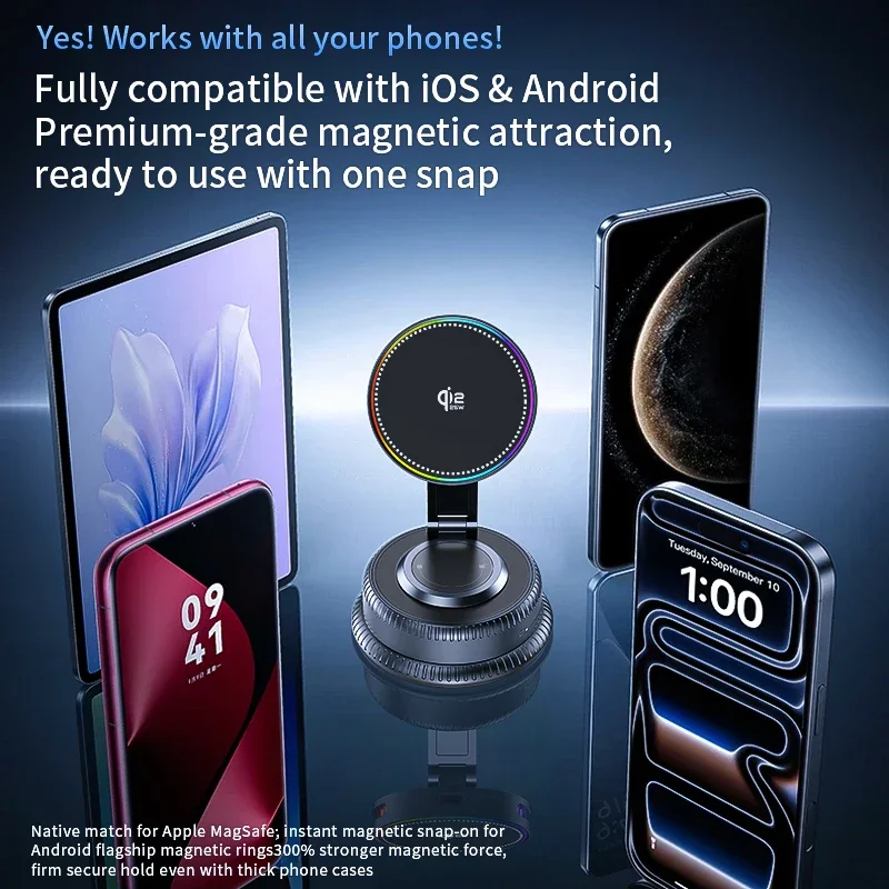 Qi2 Ice Cooling RGB Magnetisches Kabelloses Autoladegerät mit Schnellladefunktion und Kühlkörper für Magsafe iPhone 12-16 Telefonhalterung – Detail 7