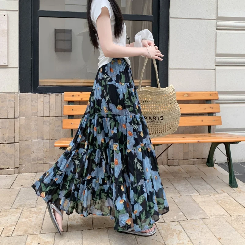 

Blue Floral Print f Skirt High Waist A-Line Midi Slimming Pleated Women's Summer Faion Polyester Fiber 00%
