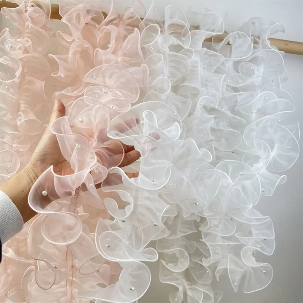 11cm Wide Organza Beaded Ribbon Wave Ruffle Edge Flower Lace Lolita Lace Accessories Pearl Fabric Edge 1 Yard Beaded Mirror Welt