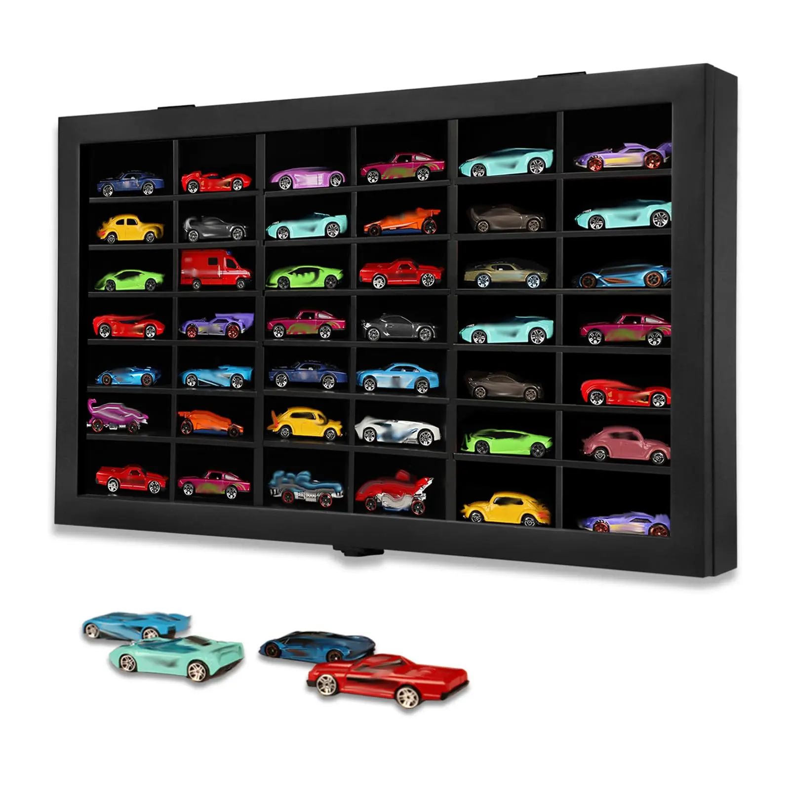 1/64 Diecast Model Car Display Case, Black Wall Mounted Collector Storage Cabinet, Acrylic Glass Door, Removable Black Shelves, Holds Up to 42 Toy Model Cars