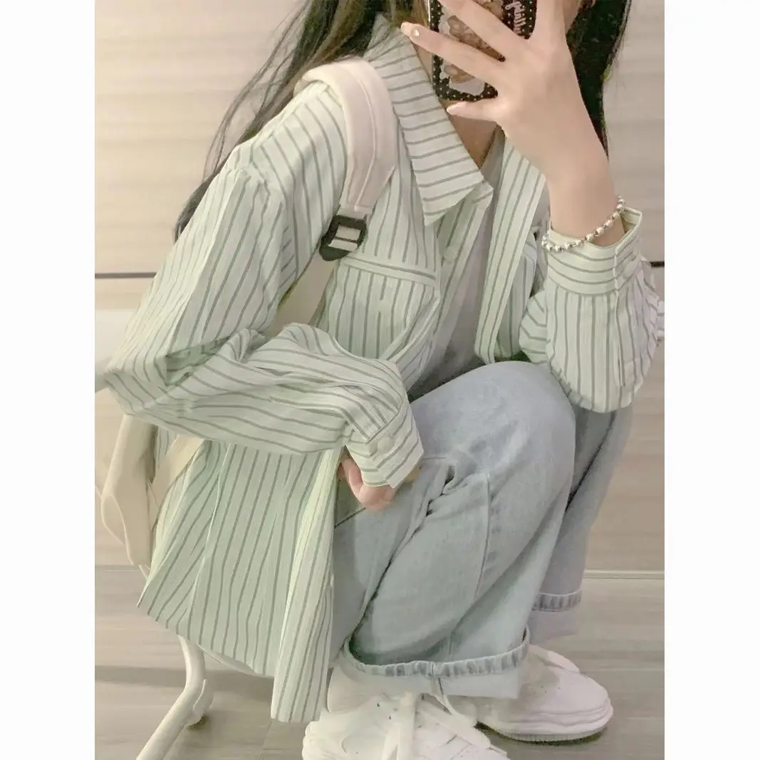 Casual Commuting Long Sleeves Striped Shirt for Women Spring Autumn Loose Japanese Style Retro Small Shirt Chic Top for Women