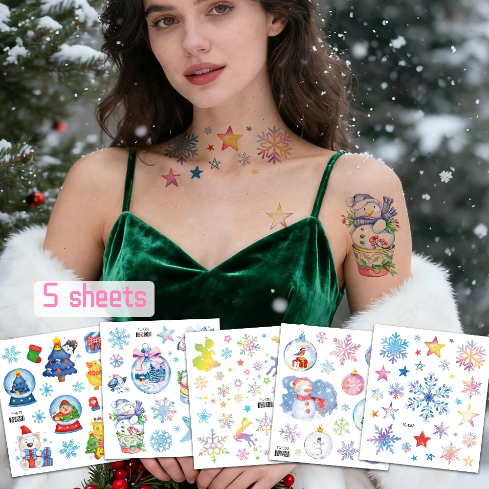 

5Pcs Christmas Temporary Tattoos for Women Girls Sparkling Pink Snowflake Snowman Xmas Ball Waterproof Tattoo Stickers