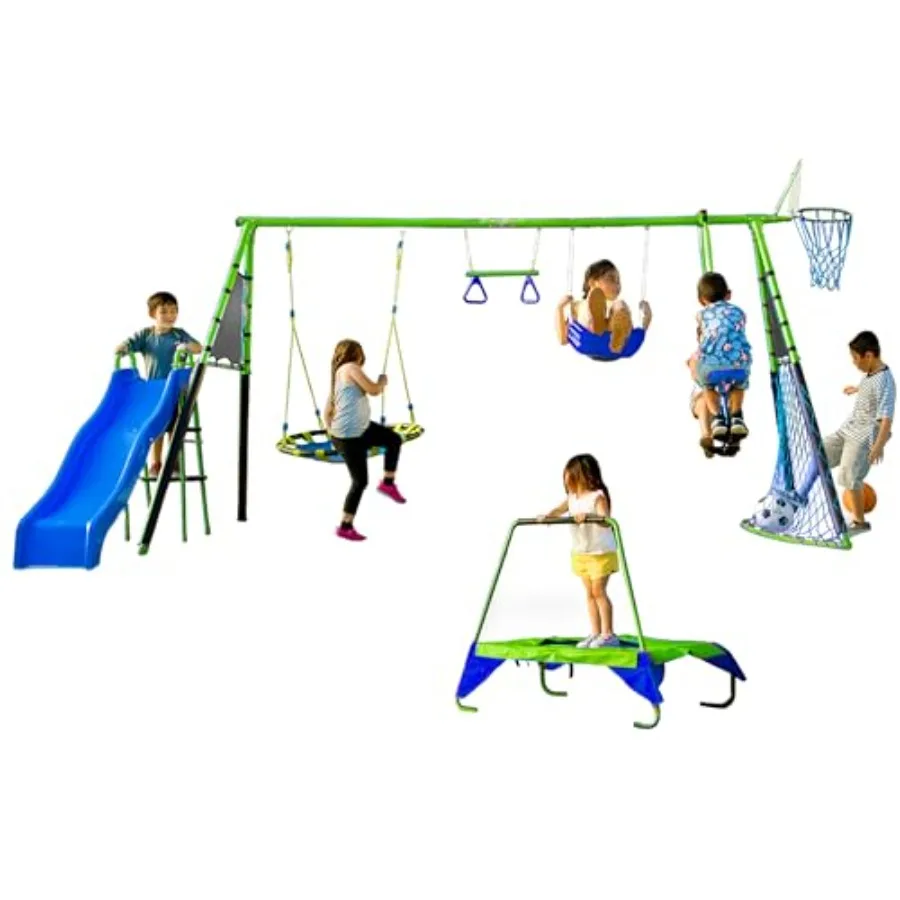 

Sports Outdoor 8 Station Playground Set Includes Swing Set Slide Monkey Bars Basketball Hoop Trampoline Soccer and Basketball +