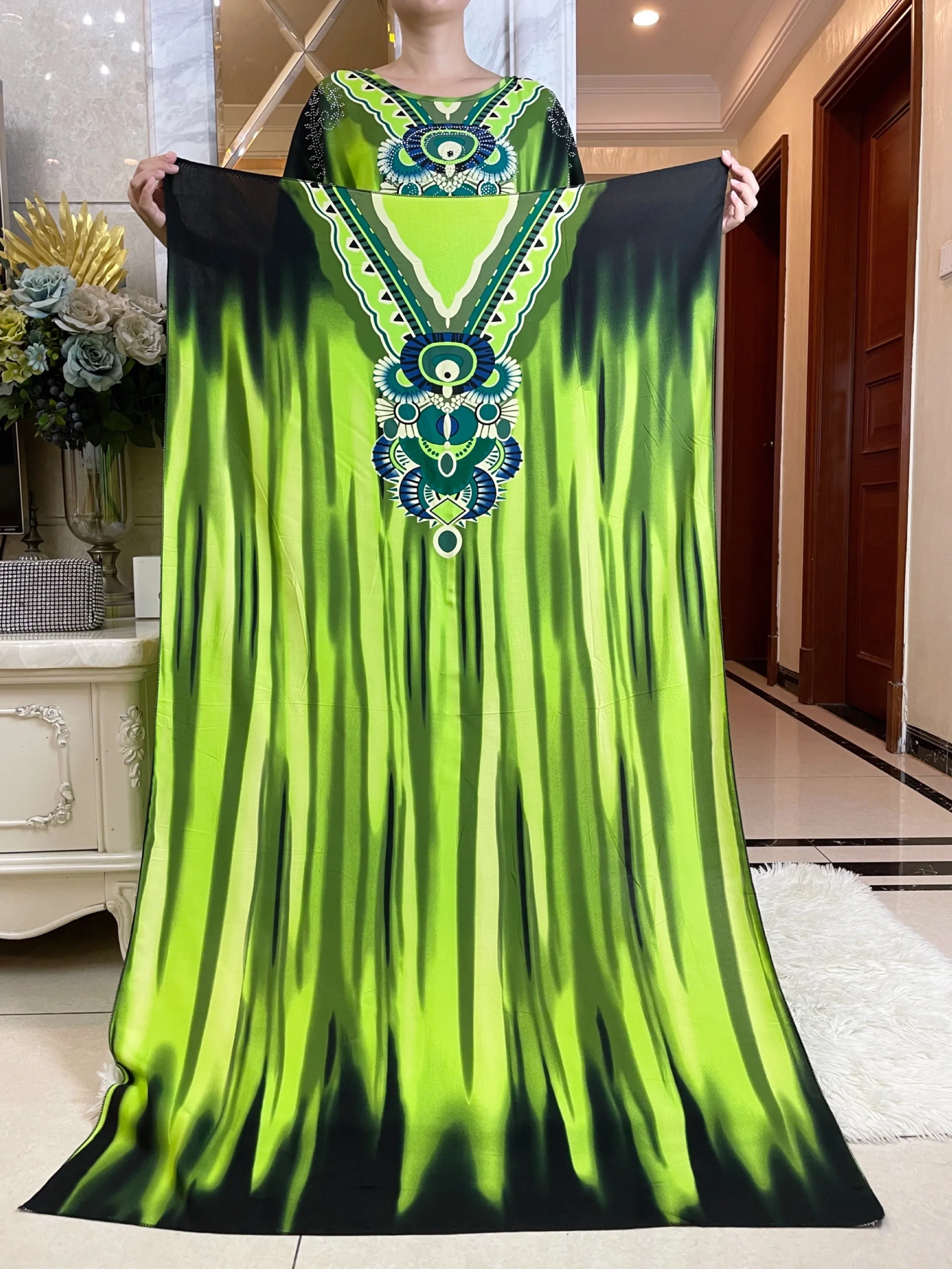 Newest Summer Party Dress Short Sleeve With Big Scarf Printing Floral Loose  Boubou Maxi Islam Women  African Abaya Clothes